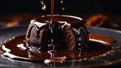 Chocolate lava cake getting warm chocolate sauce poured