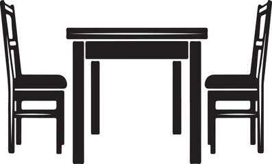 Stylized black silhouette of a rectangular table with two chairs on a white background furniture dining