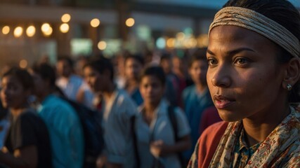 Woman observing crowd in contemplation, evening city lights