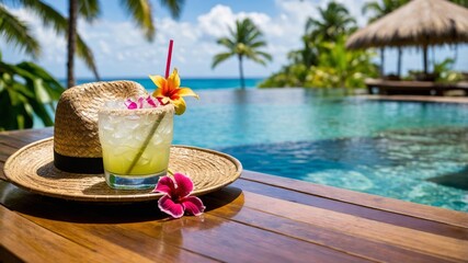 Margarita cocktail with straw hat by tropical infinity pool
