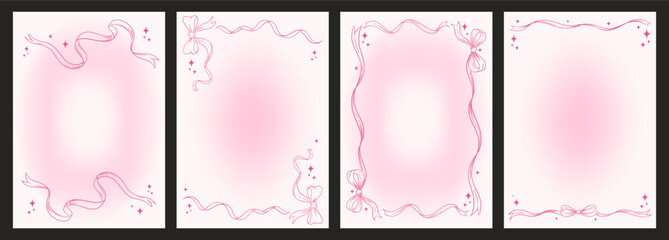Coquette pink ribbon frames set, girly bow borders and sparkly pastel  backgrounds for romantic cards, invitations and feminine design templates, soft pink gradient.