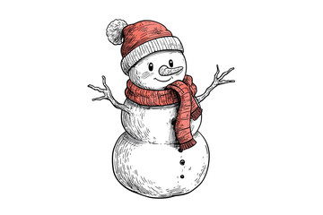 Creative winter snowman in festive hat and scarf for holiday designs