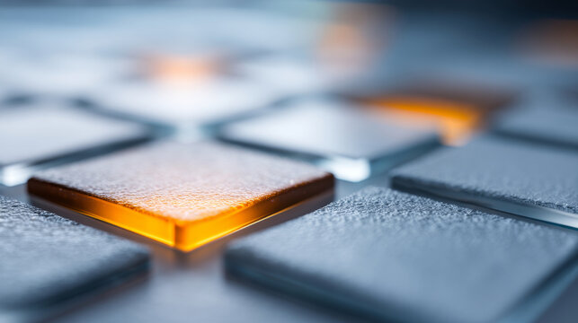 Close-up of textured square tiles with one glowing orange tile in a modern abstract geometric pattern - Powered by Adobe