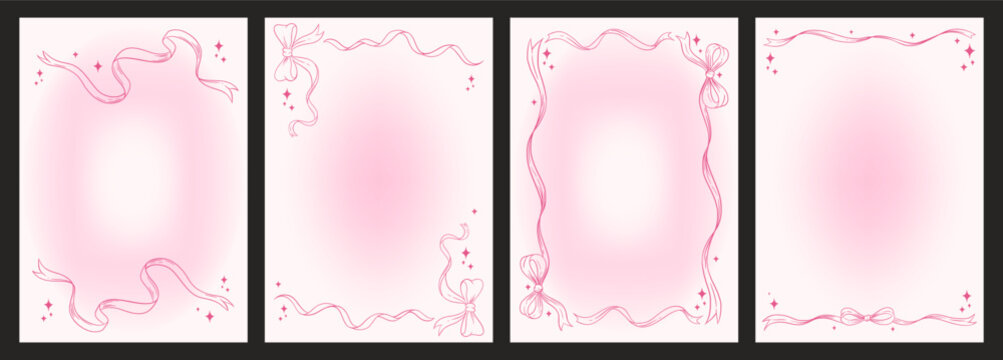 Coquette pink ribbon frames set, girly bow borders and sparkly pastel  backgrounds for romantic cards, invitations and feminine design templates, soft pink gradient.
