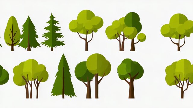 Set of Flat Vector Trees Illustration: Evergreen, Deciduous, Cartoon Style, Isolated on White Background for Graphic Design Elements