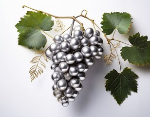 Obraz premium metallic silver grapes dangling from verdant vine glistening with delicate leaves against white background