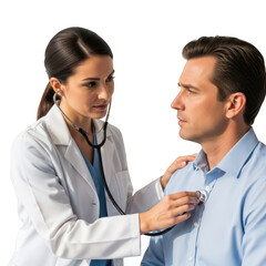 Fototapeta premium Professional female physician in white coat uses stethoscope to examine chest of male patient isolated on transparent background