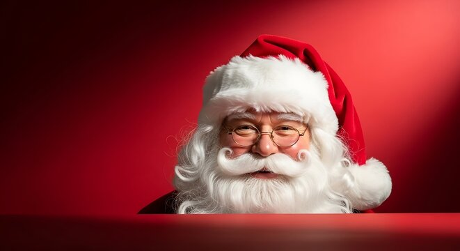 A portrait of santa claus with white beard and glasses against a red background looking at the viewer