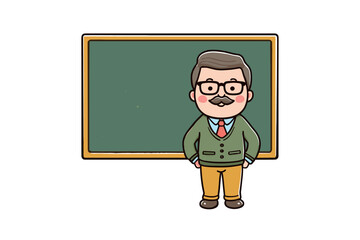 Teacher character standing in front of chalkboard in classroom setting