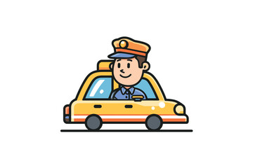 Taxi driver smiling in a yellow cab during a sunny day