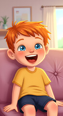 Image of a cheerful redhead boy on a couch smiling at the camera Young freckled child laughing indoors exhibiting joy.png