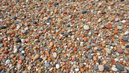 Multicolored pebbles scattered on sandy beach surface  