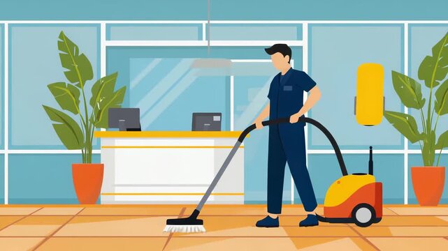 Professional Cleaner Using Vacuum Machine in Office Lobby, Vector Illustration of Cleaning Service, Janitor at Work, Commercial Cleaning, Modern Interior