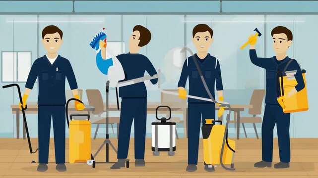Cartoon Illustration of Professional Cleaning Team in Uniform with Cleaning Equipment in Modern Office, Janitorial Service, Commercial Cleaning