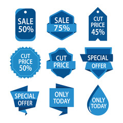 Collection of blue sale and discount badges isolated on white background for promotional marketing campaign