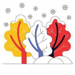 A vibrant winter landscape showcasing colorful trees covered in snow, set against a backdrop of falling snowflakes, creating a cheerful seasonal scene