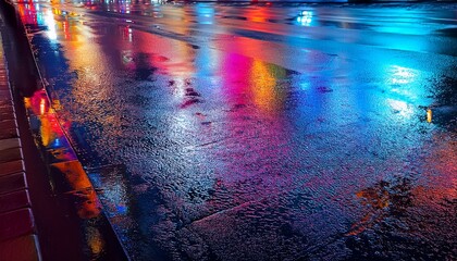 night rain puddle reflecting colorful neon city lights with ripples on wet asphalt surface creating an abstract vibrant street view concept urban light night reflection city atmosphere rainy mood