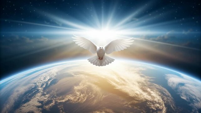 White dove at sunrise with light rays over planet Earth, atmosphere and sky horizon, freedom and hope for world day of peace serenity unity