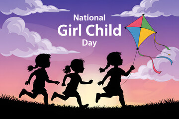 national girl child day banner with running girls and kite at sunset