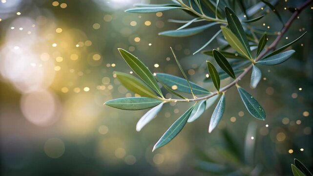 Olive branch green leaf bokeh light nature calm garden serenity, gentle glow and soft focus natural background with golden sparkle, peaceful mood, World Day of Peace