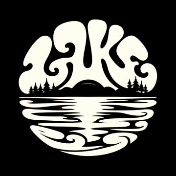 Lake typography isolated on retro style lettering with water reflection and forest silhouette vintage text design for poster, print, tshirt vector illustration