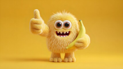 Fototapeta premium Funny fluffy monster holding a banana and showing thumbs up. Happy cartoon character illustration for kid product advertising.