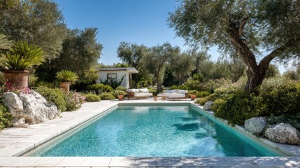 A tranquil pool area features comfortable seating and vibrant greenery under a bright blue sky.