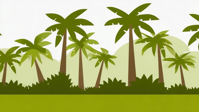 Tropical Palm Tree Illustration with Green Grass and Bushes, Simple Cartoon Style, Ideal for Backgrounds and Creative Projects