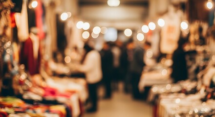 Crowded Indoor Market with Bokeh Lighting and People