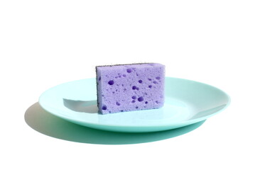 One dish sponge lies on a white isolated background in a ceramic flat plate.	