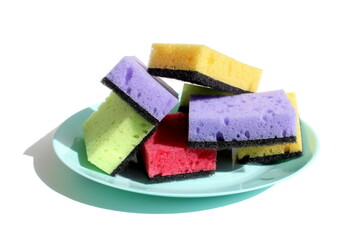 On a white background, there are many rectangular dishwashing sponges lying on a plate.