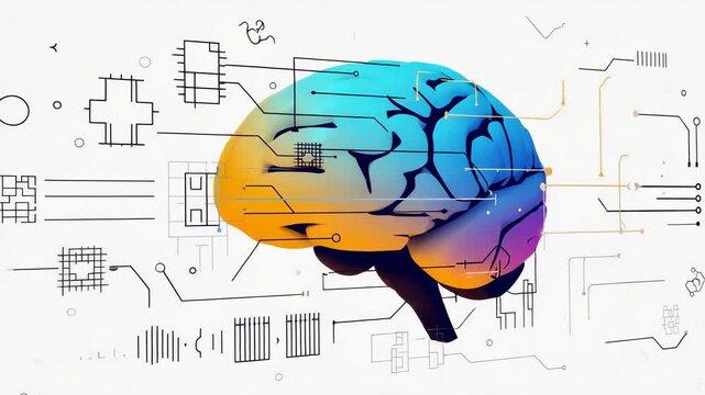Abstract Gradient Brain Illustration with Circuit Board Elements, Artificial Intelligence, Machine Learning, and Neural Network Concept for Technology and Science