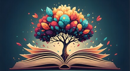Colorful Tree of Knowledge Growing From Open Book Illustration