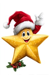Christmas star character wearing santa hat pointing up