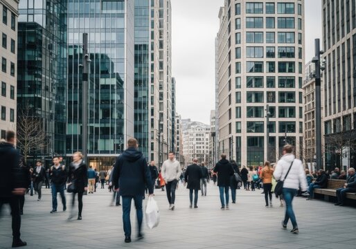 A busy street scene with blurred pedestrians walking between modern glass buildings in a city during the day