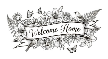 Welcome Home Floral Banner with Flowers, Birds and Butterflies