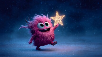 Funny fluffy pink monster holding a glowing star. Cute alien creature bringing light and joy to the night. Whimsical animated character for kids.