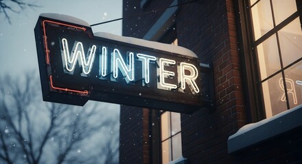 Winter Neon Sign on Brick Building during Snowfall Season