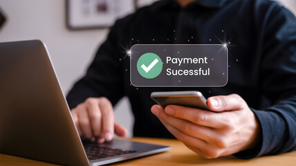 Hand Holding Smartphone with Glowing Payment Successful Checkmark Notification Over Laptop