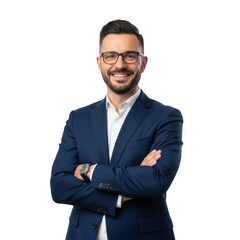 Smiling businessman with glasses and dark suit standing confidently with arms crossed isolated on transparent background