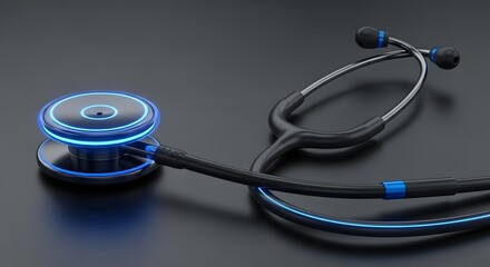 Modern Stethoscope with Blue Light on a Dark Background Medical Equipment