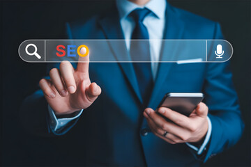 Businessman Touching Virtual Search Bar with SEO Text Online Marketing Optimization Strategy
