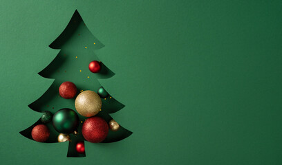 A green Christmas tree silhouette adorned with red green and gold baubles sits on a matching green...