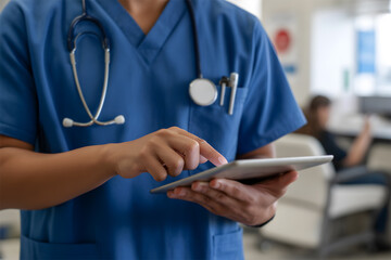 Medical Professional in Scrubs Using Digital Tablet for Electronic Health Records and Care