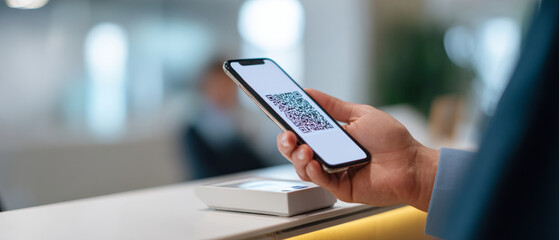 Close-up of a person scanning a QR code on a smartphone for contactless payment at a modern counter in a blurred indoor setting