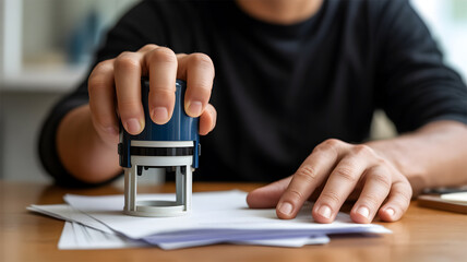 Hand Stamping Official Document for Authorization Approval Validation or Certification