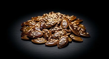 Obraz premium Roasted Seeds Arrangement: A Gourmet Culinary Photography Concept With Striking Illumination