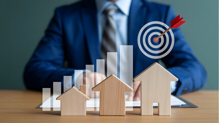 Businessman Real Estate Investment Goal with Growing House Models Bar Chart and Target