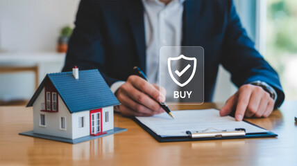 Businessman Signing Contract Beside House Model with Secure Buy Shield Real Estate Purchase