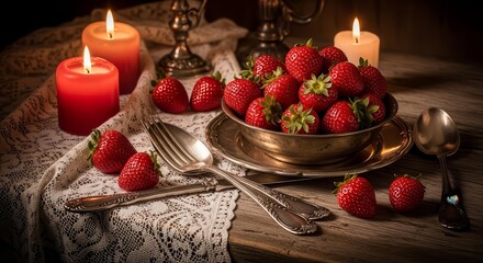 Romantic Strawberry Still Life Featuring Candles, Silverware, And Delicious Fruit on a Table